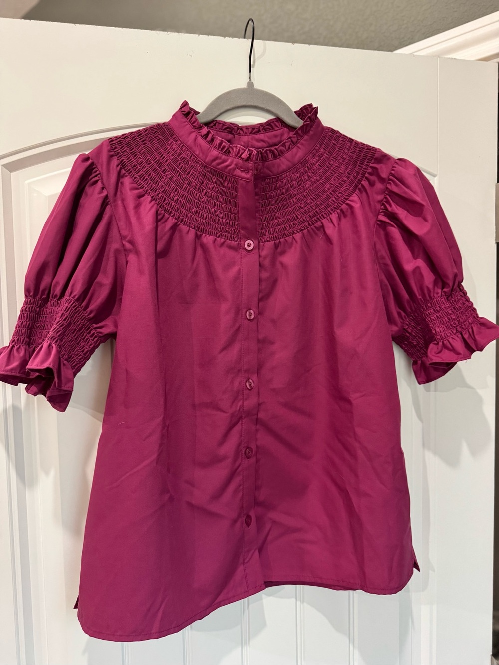 SSYS The Label Blouse Womens L Burgundy Smocked Puff Sleeve Button Top